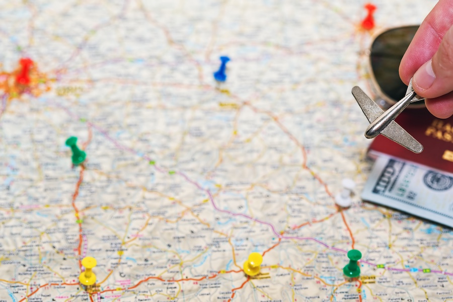 Big road map with colored pins